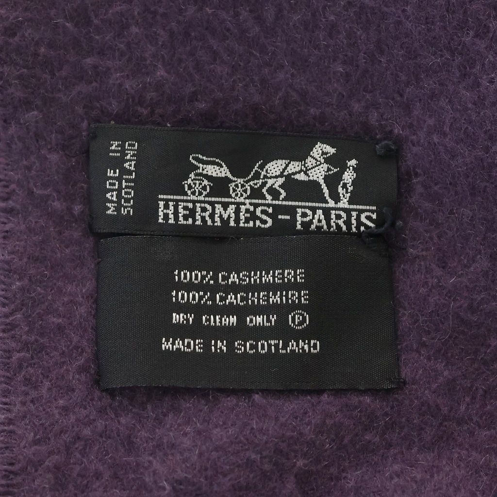 HERMES (エルメス) ロゴ刺繍 カシミヤ フリンジ マフラー パープル