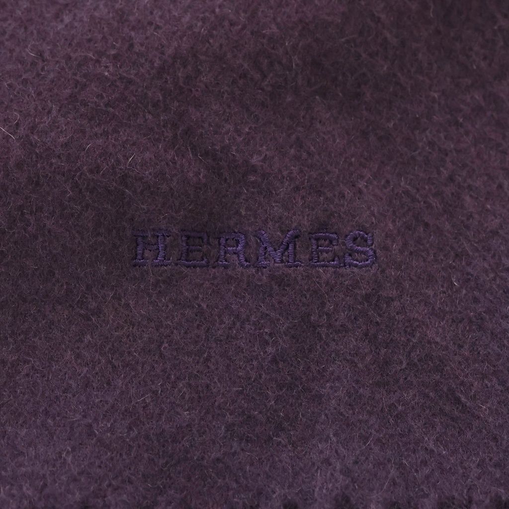 HERMES (エルメス) ロゴ刺繍 カシミヤ フリンジ マフラー パープル