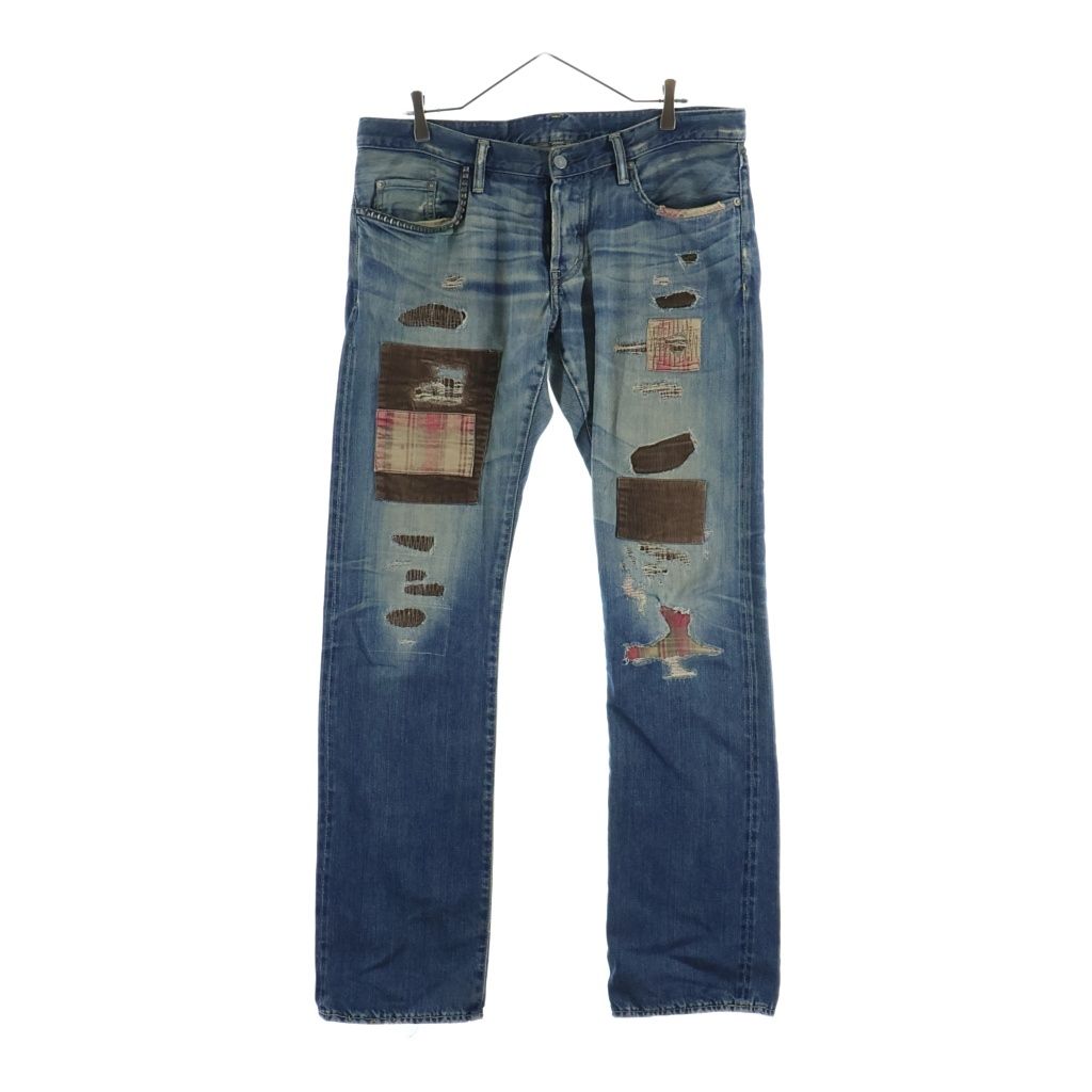 HYSTERIC GLAMOUR (ヒステリックグラマー) ピラミッドスタッズパッチワークダメージデニムパンツ コーデュロイリペア加工ジーンズ インディゴ 8,873円