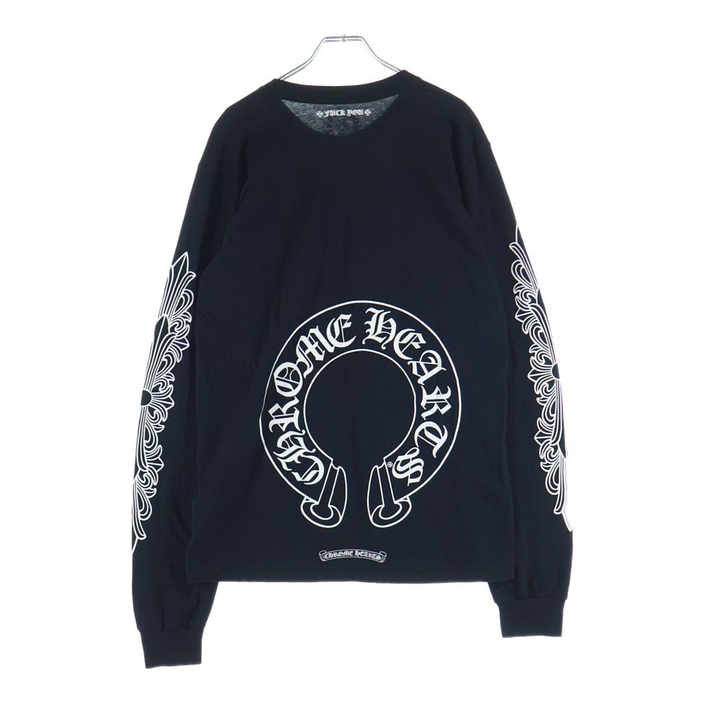 CHROME HEARTS (クロムハーツ) FLRL CRS HORSESHOE L/S TEE 袖フローラルクロス バックホースシュープリント コットン ロングスリーブカットソー 長袖Tシャツ ブラック