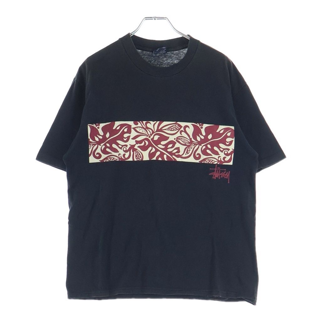 STUSSY (ステューシー) 90S OLD STUSSY USA製 紺タグ フロントプリントクルーネック半袖カットソーTシャツ ブラック