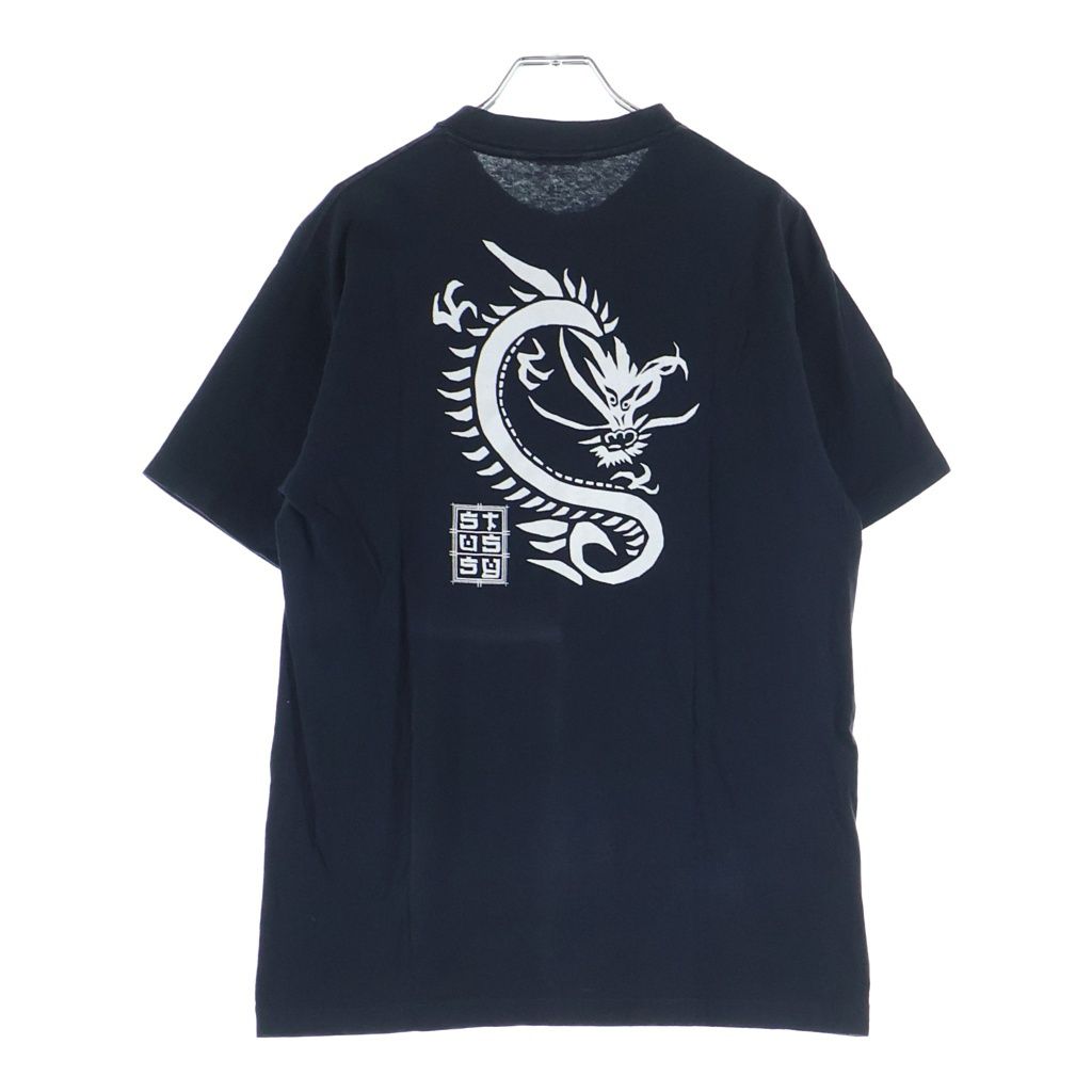 STUSSY (ステューシー) 90S OLD STTUSY USA製 紺タグ バック切絵風ドラゴンプリントクルーネック半袖カットソーTシャツ ブラック/ホワイト