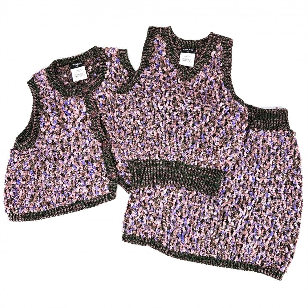 シャネル セットアップ レディース ベスト トップス ジャケット スカート 34/36 アパレル 服 ニット CHANEL ピンク グリーン 緑 コットン シルク その他 春 秋 美品【中古品】