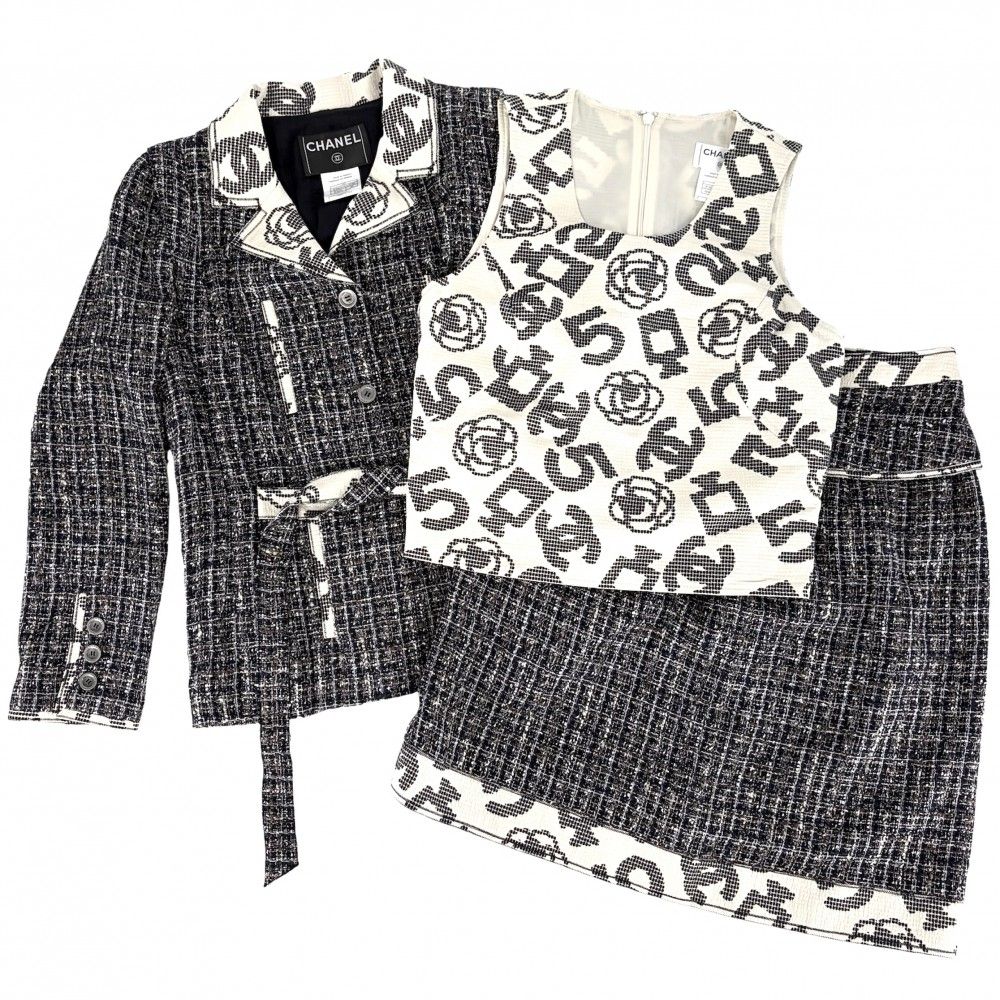 シャネル セットアップ レディース カメリア トップス ジャケット スカート アパレル 服 ベスト ツイード CHANEL 38 ネイビー 紺 ブラウン 茶 コットン ウール レーヨン ナイロン 春 秋【中古品】