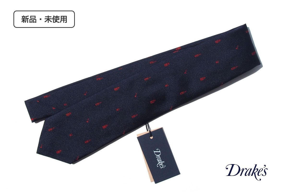 Drake's ネイビー シルク　チーフ　ドレイクス ドレイクス Drake's 新品 小紋柄シルクネクタイ ネイビー シルク