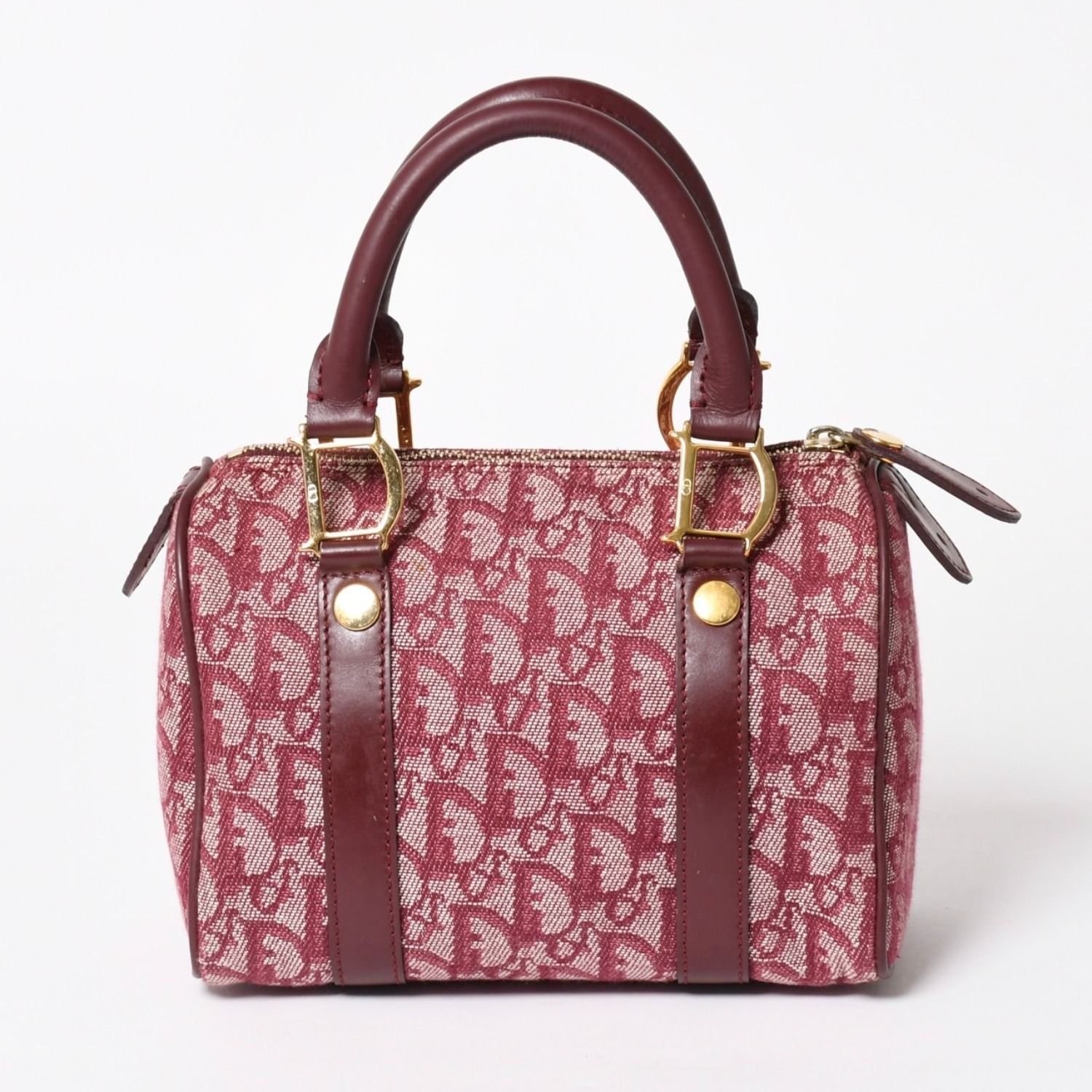Christian Dior クリスチャンディオール トロッターミニボストンバッグ ジャガードキャンバス レザー ボルドー ゴールド金具 美品 中古 4a004397