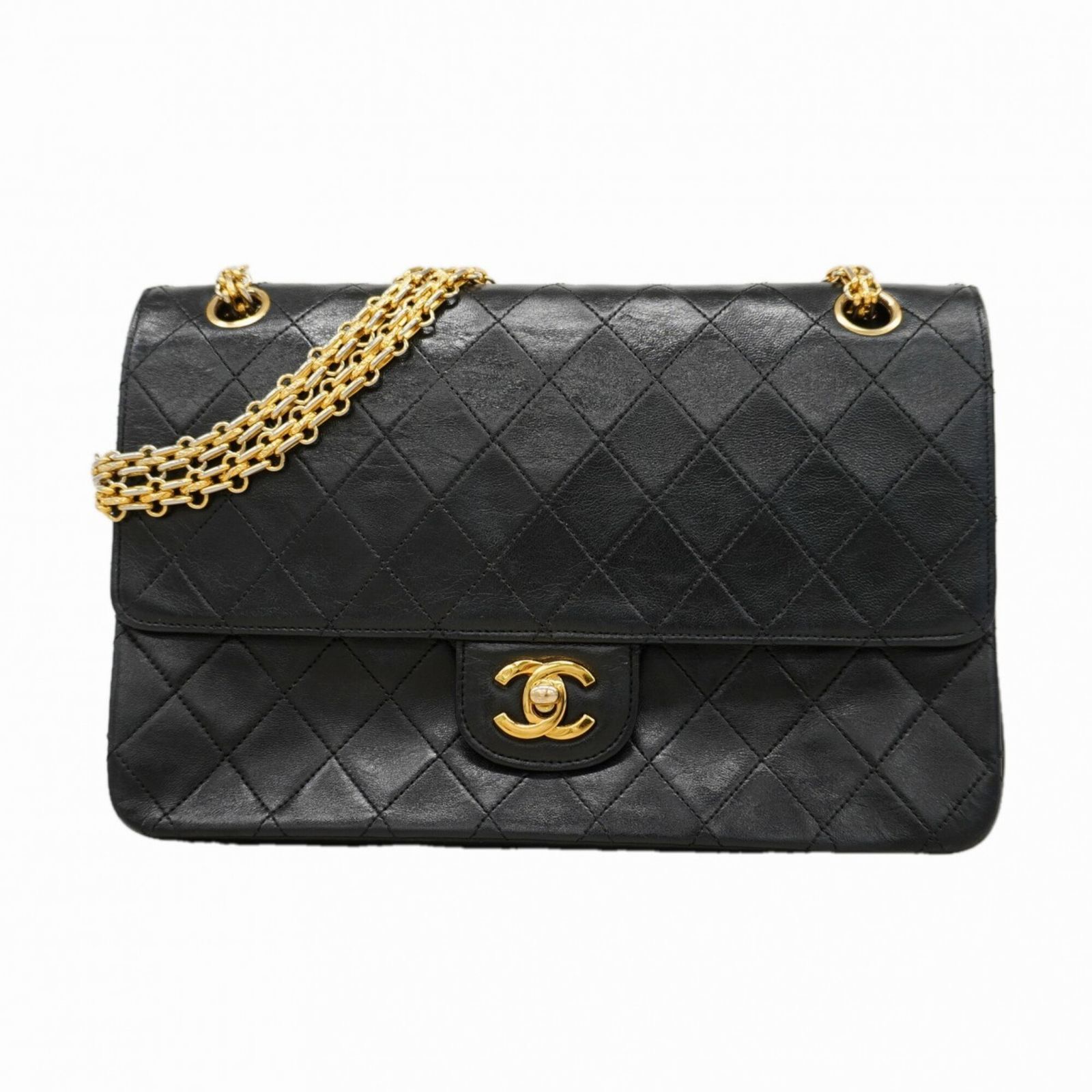 シャネル(Chanel) シャネル ショルダーバッグ マトラッセ Wフラップ Wチェーン ラムスキン ブラック レディース