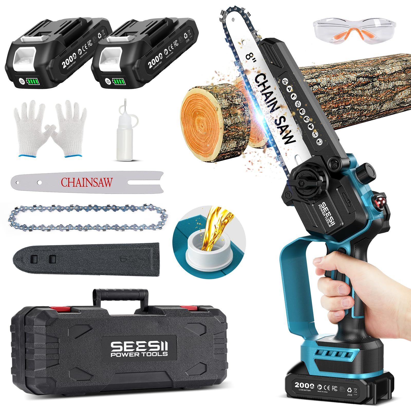 【2026 新型 最強力】SEESII 充電式ハンディチェーンソー 8 インチ & 6 インチ両用 ブラシレスモーター 高枝切り延長ポール対応 2 個 2000mAh 大容量バッテリー 自動給油 工具レスチェーン調整 コードレス 片手操作 軽 3551e3e3