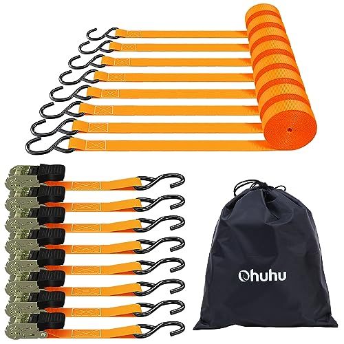 Ohuhu ラチェットベルト タイダウンベルト ラチェット式荷締めベルト 長さ4.5m 幅2.5cm 破断荷重680kg マックス使用荷重225kg ラッシングベルト 締付固定 使用簡単 引越し 運搬用 荷締めベルト 荷締機 オレンジ (8本セット)ts