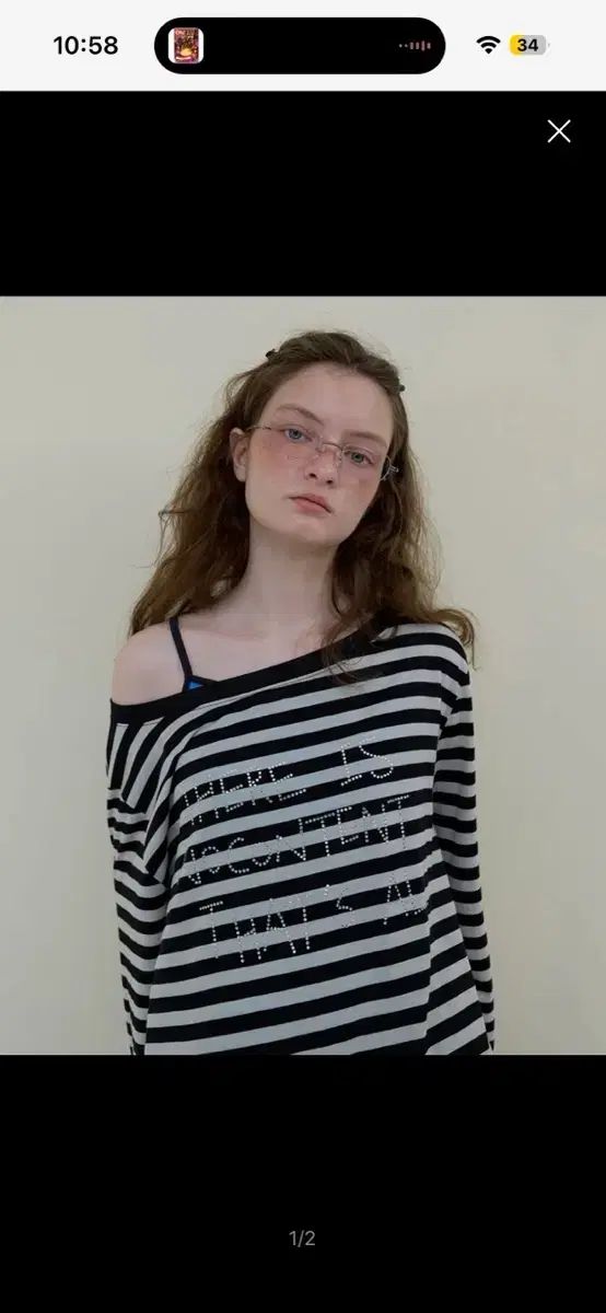 NOCONTENT オフショルダー ストライプ Tシャツ ブラック