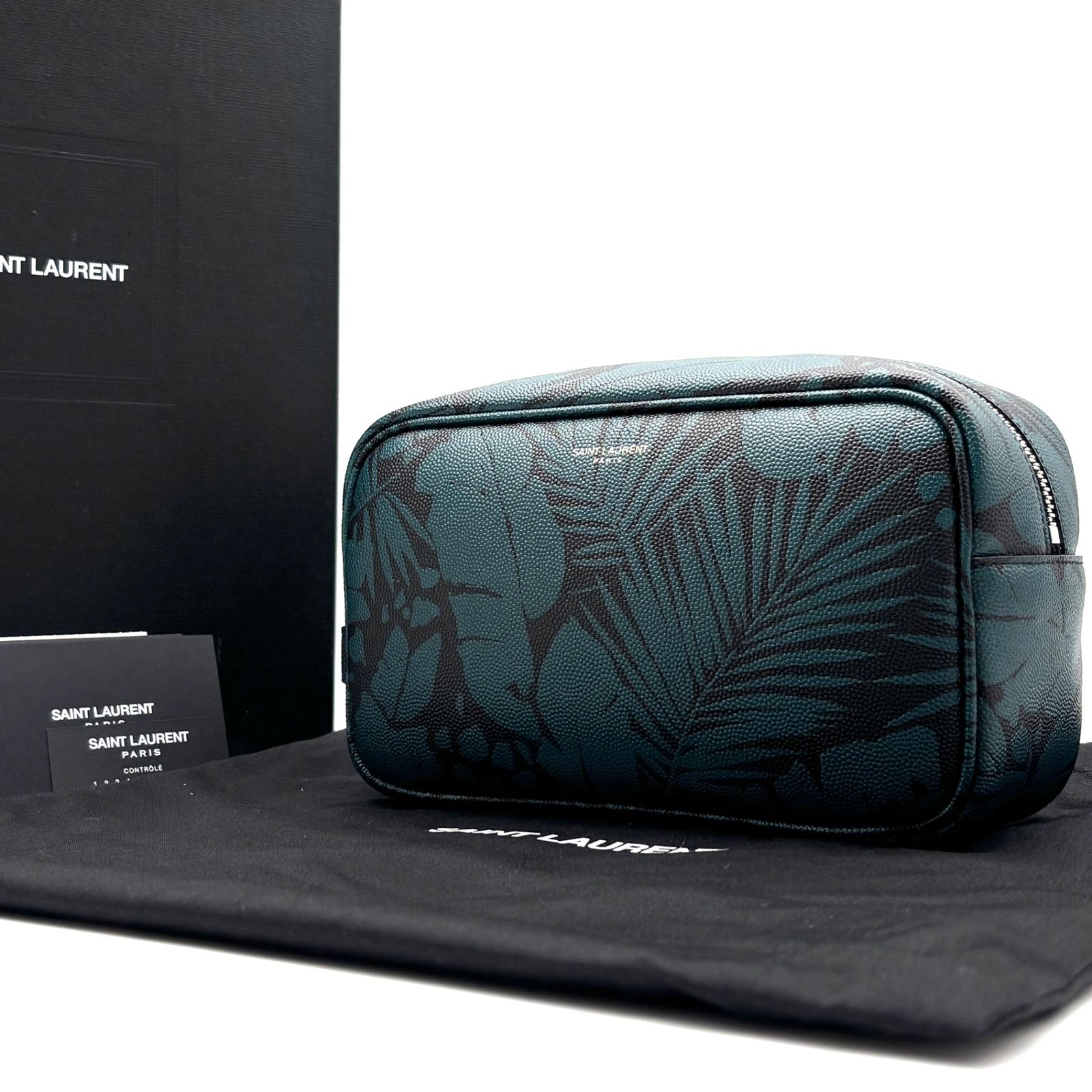 未使用に近い 付属品完備 サンローラン SAINT LAURENT セカンドバッグ ポーチ クラッチバッグ ボタニカル柄 リーフ ダークグリーン ブラック 黒 箱付き ボーナス 夏休み 帰省 お盆 敬老の日 サマーギフト シルバーウィーク ご褒美