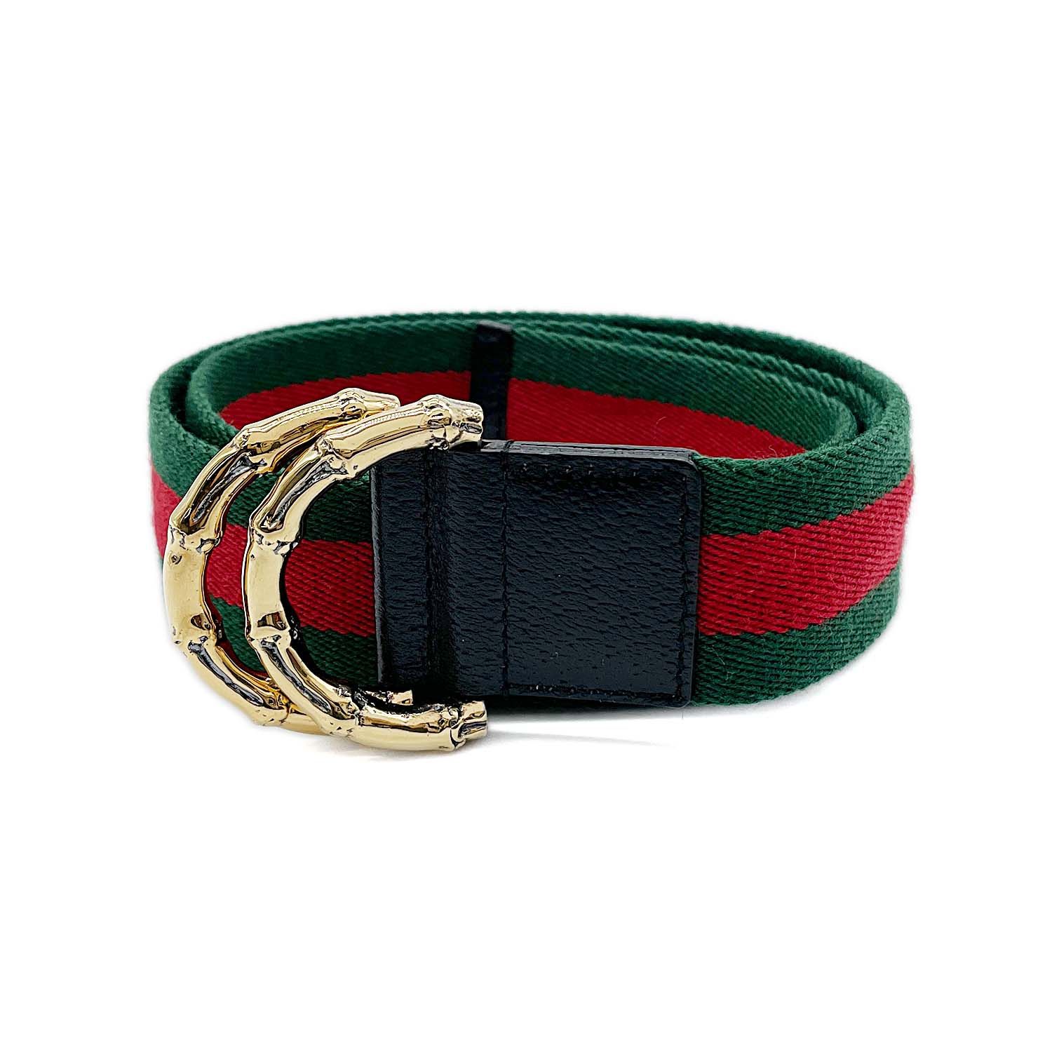GUCCI グッチ ウェブストライプ リング ガチャ ベルト バンブーバックル ナイロン メタル 80/32 グリーン ユニセックス 【中古】