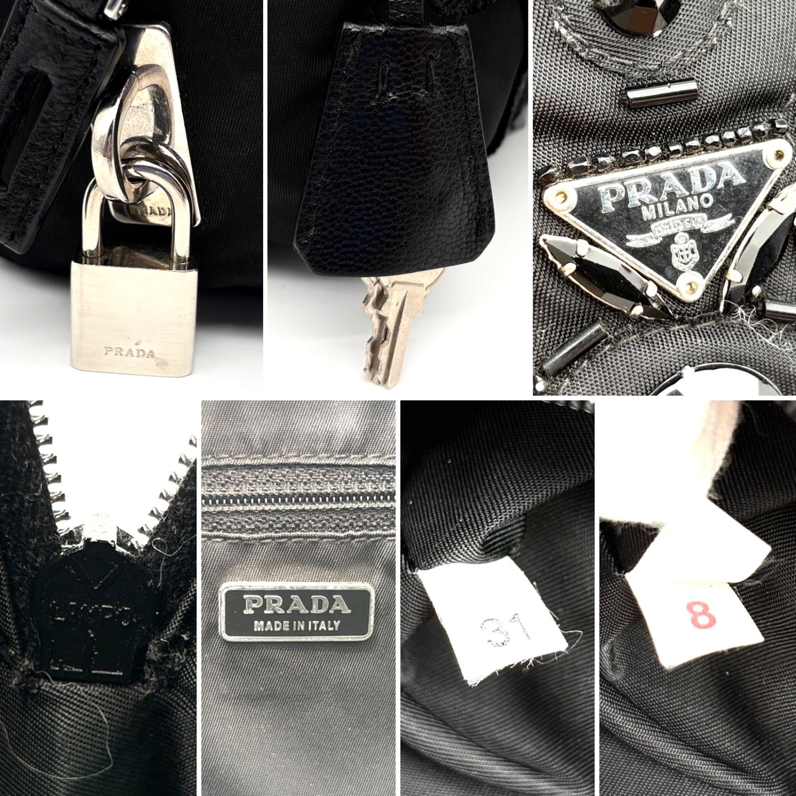PRADA プラダ ミニボストンバッグ 南京錠 クロシェット 三角プレート 黒 極美品 プラダ PRADA イブニングハート ハンドバッグ ミニボストン