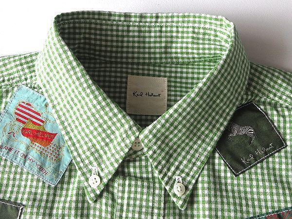【新品】カステルバジャック ギンガムチェック 半袖シャツ 緑 ワッペン　完売品 美品 Karl Helmut カールヘルム ロゴワッペン ギンガムチェックシャツ