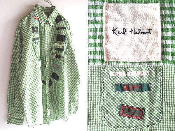 美品 Karl Helmut カールヘルム ロゴワッペン ギンガムチェックシャツ BDシャツ M グリーン ホワイト 緑 白 ピンクハウス