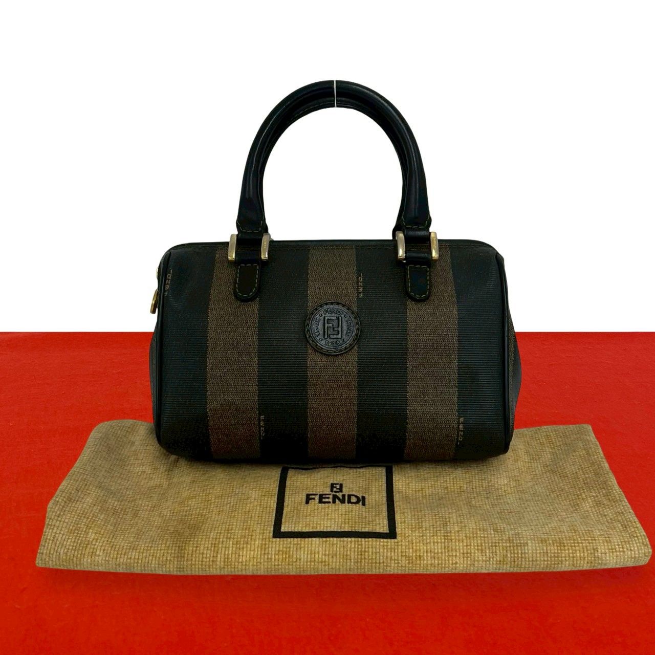 Fendi FFロゴ ハンドバッグ 保存袋付き 極 美品 保存袋付き FENDI フェンディ ペカン ストライプ 柄 FF ロゴ