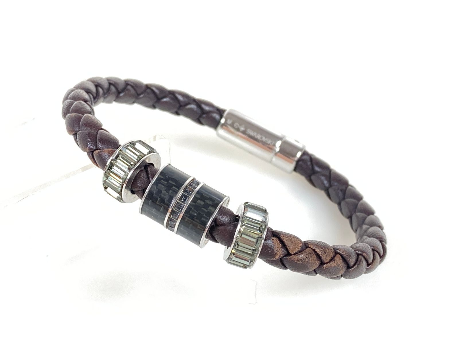 スワロフスキー　SWAROVSKI　クリスタル　レザー　ブレスレット　刻印：M　ブラウン×ブラック　送料無料