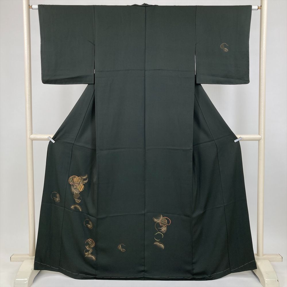 たんす屋 TANSU-YA 着物 リユース着物 訪問着 深緑 フォーマル セミフォーマル 丸 抽象柄 刺繍 袷 絹 洗い済 【身丈】163cm【裄丈】62.5cm 7650004285274