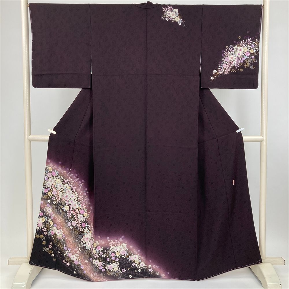 たんす屋 TANSU-YA 着物 リユース着物 訪問着 濃こげ茶 フォーマル セミフォーマル 翠山 辻が花 ぼかし 地紋織り 袷 絹 洗い済 【身丈】157cm【裄丈】67cm 7650004285236