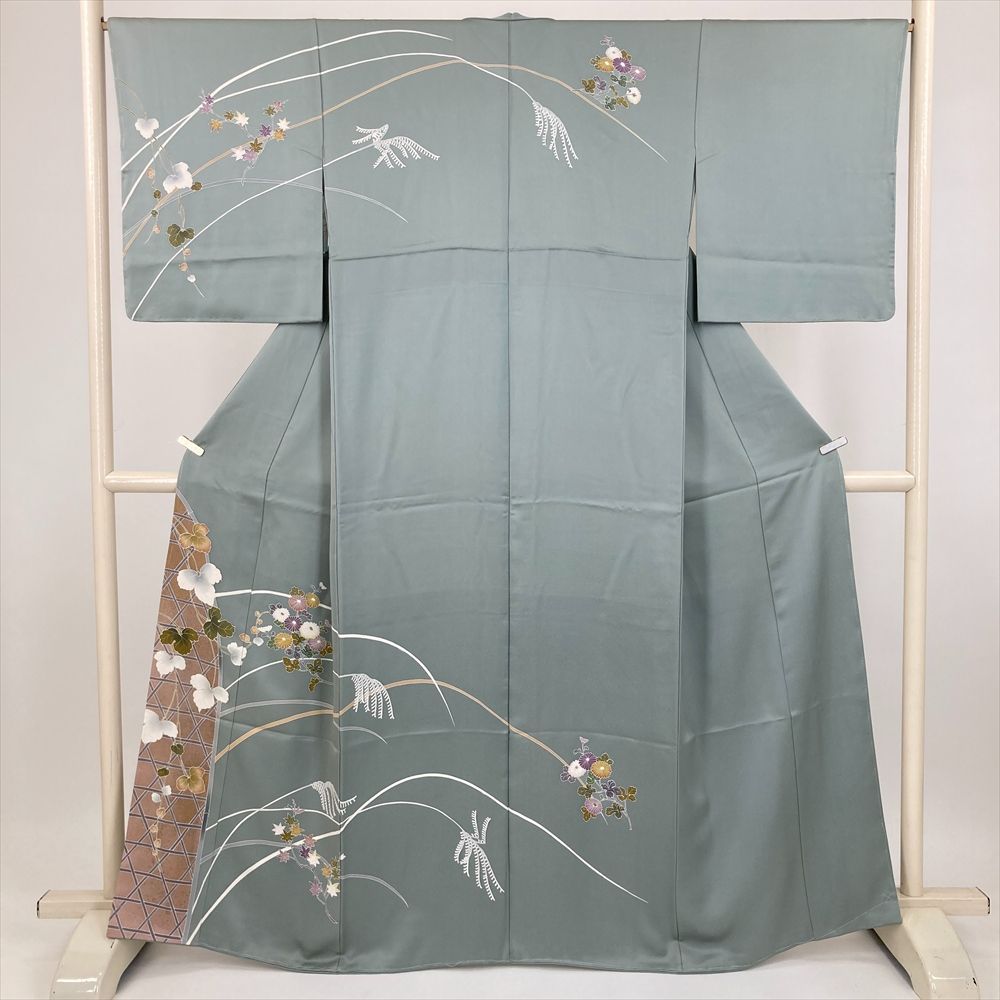 たんす屋 TANSU-YA 着物 リユース着物 訪問着 薄灰緑 青白橡 フォーマル セミフォーマル 菊 紅葉 蔦 篭目 袷 絹 洗い済 【身丈】158.5cm【裄丈】67cm 7650004285281