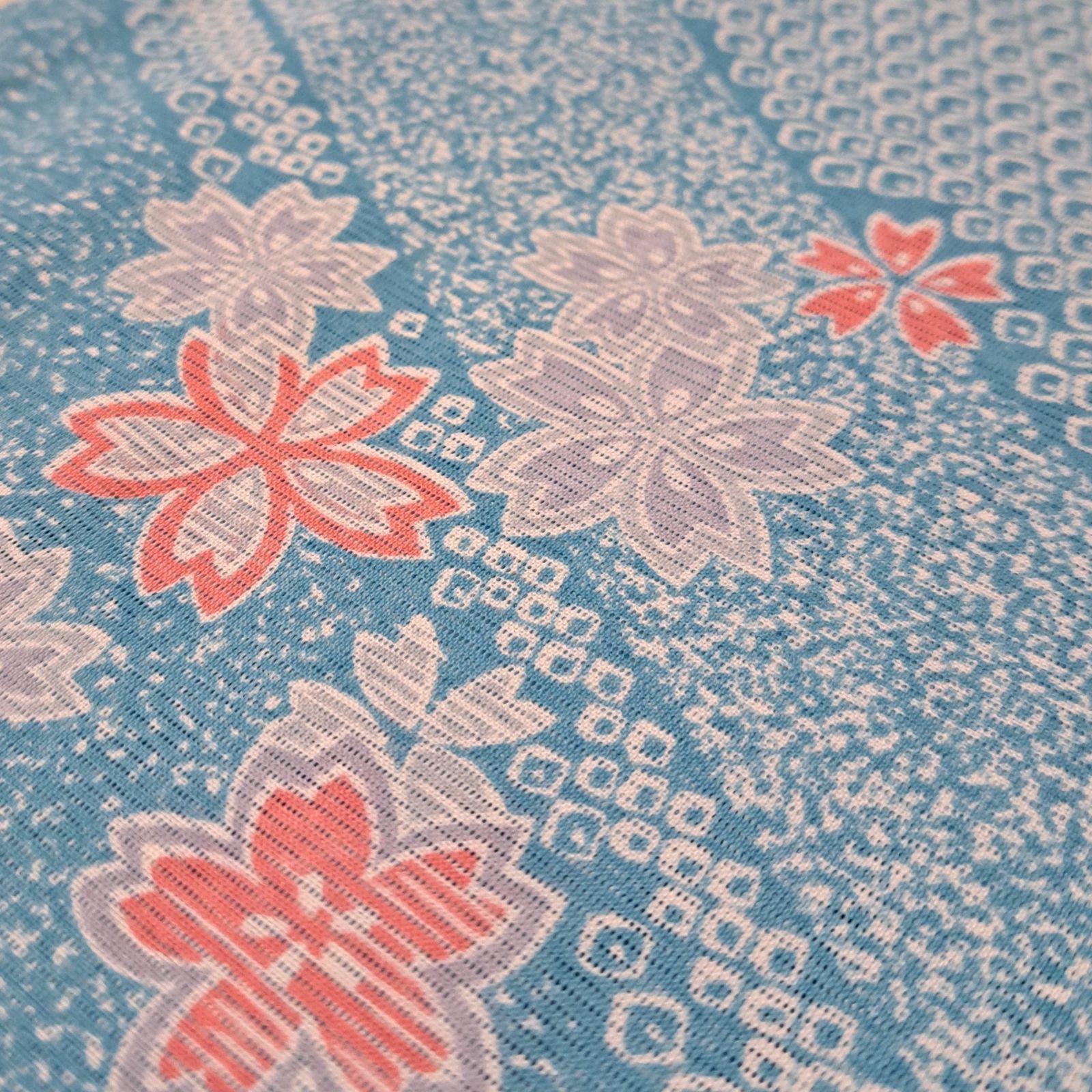 洗える夏着物・小紋・絽】LLサイズ相当身幅 水色 光琳波 桜 化繊 れ