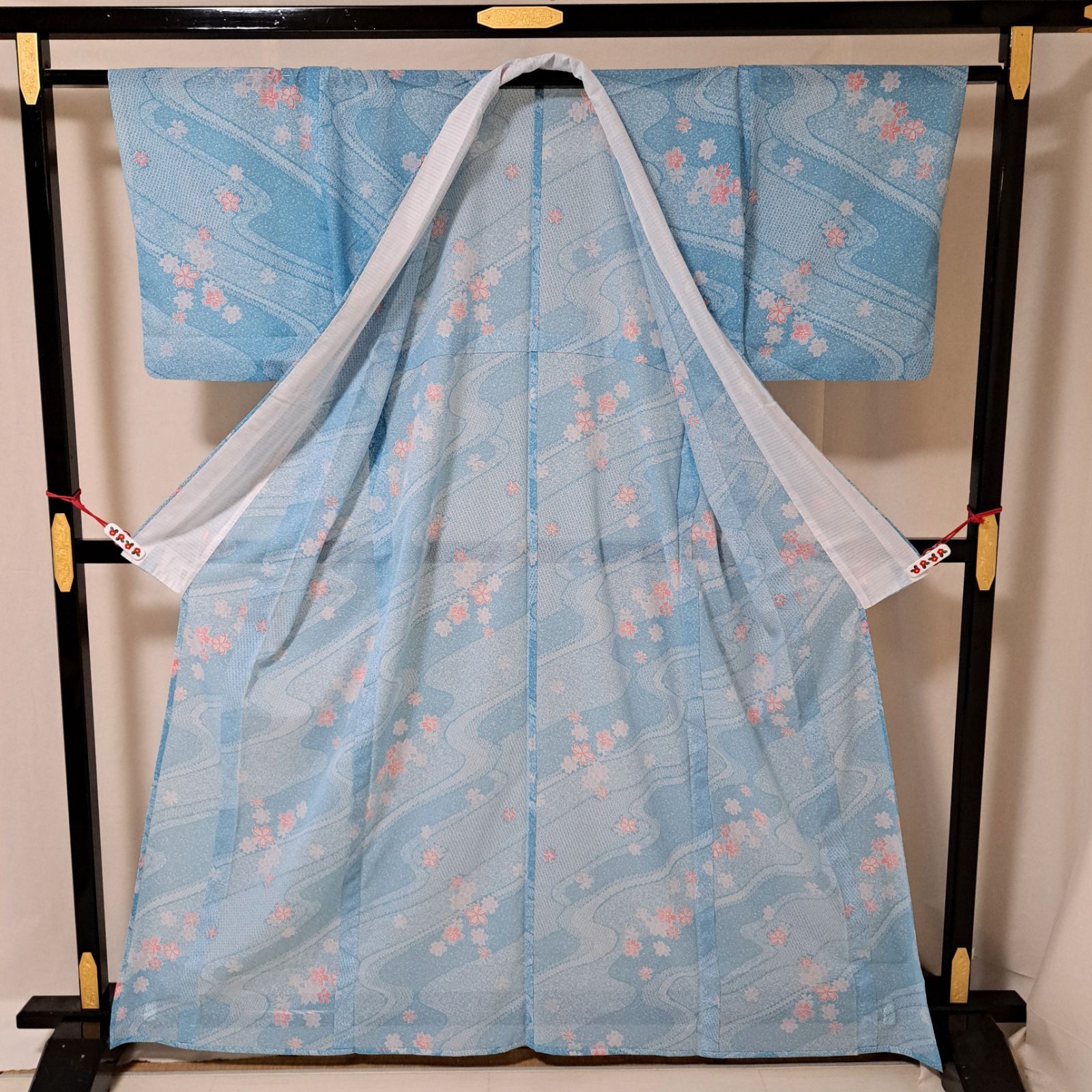 洗える夏着物・小紋・絽】LLサイズ相当身幅 水色 光琳波 桜 化繊 れ