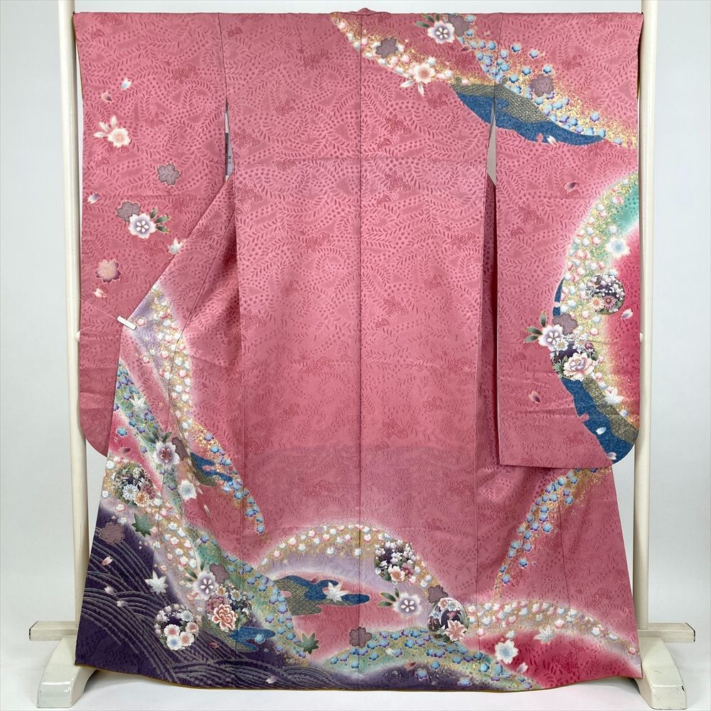 たんす屋 TANSU-YA 着物 リユース着物 振袖 ピンク フォーマル 四季花 刺繍 金駒刺繍 ぼかし 袷 絹 洗い済 【身丈】163.5cm【裄丈】69.5cm 7650004285410