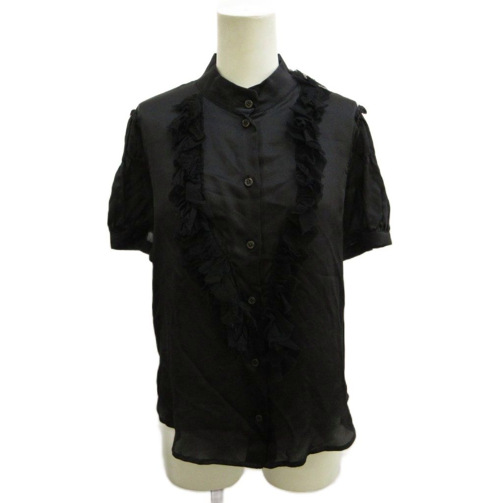 プラダ PRADA シャツ ブラウス 絹 シルク 42 黒 ブラック フリル 半袖 スタンドカラー /PP ■GY62