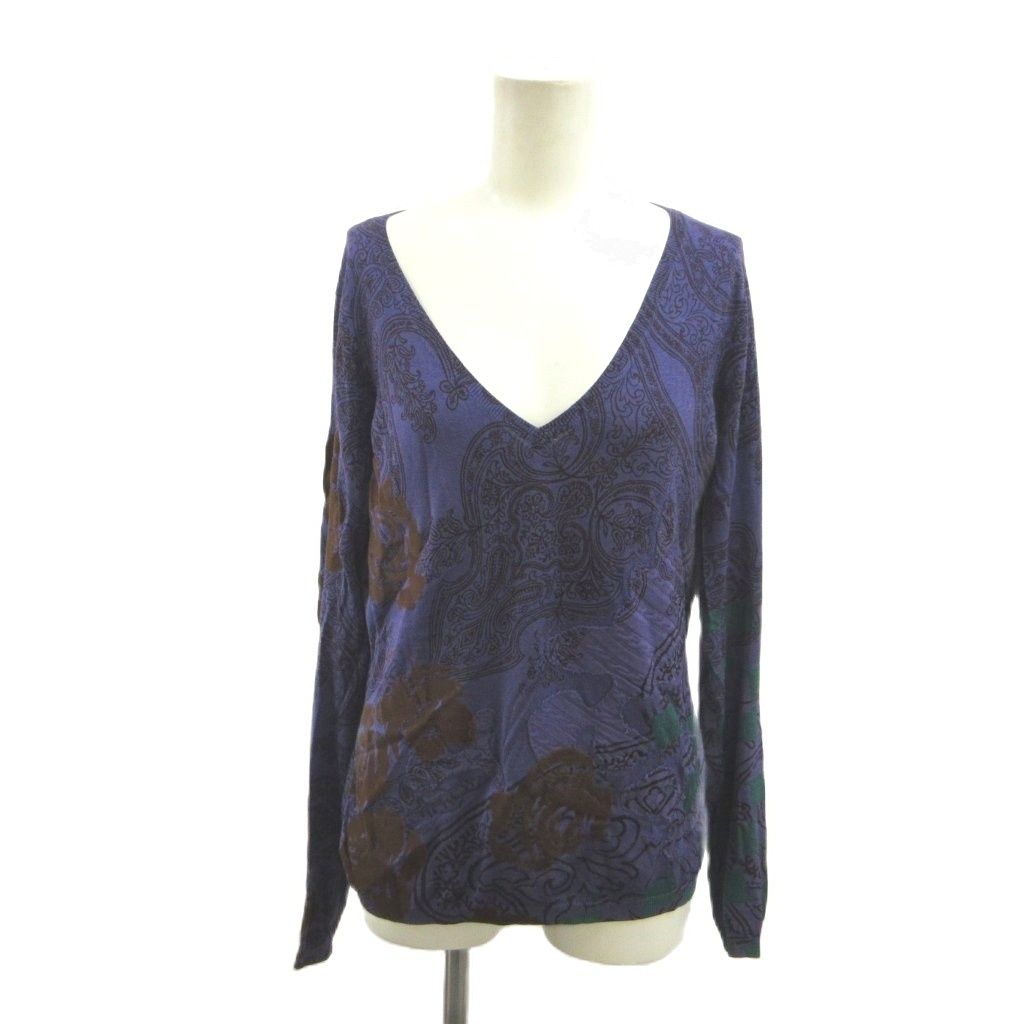 エトロ ETRO ニット カットソー 絹 シルク 紫 パープル 茶 ブラウン ペイズリー柄 Vネック 長袖 /NP ■GY62