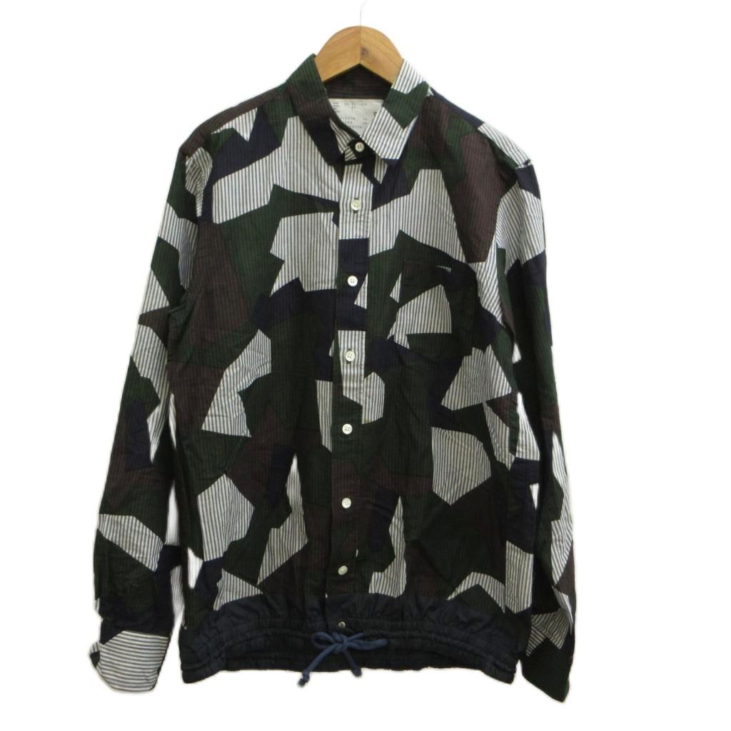 サカイ sacai ドローストリングシャツ DRAWSTRING SHIRTS 麻 リネン 1 マルチカラー カモフラージュ柄 ストライプ柄 長袖 15-00742M /PP ■GY62