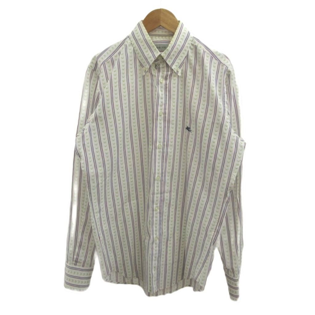 エトロ ETRO 長袖シャツ 39 白 ホワイト 黄緑 ライトグリーン 紫 パープル ストライプ柄 ボタンダウン /NP ■GY62