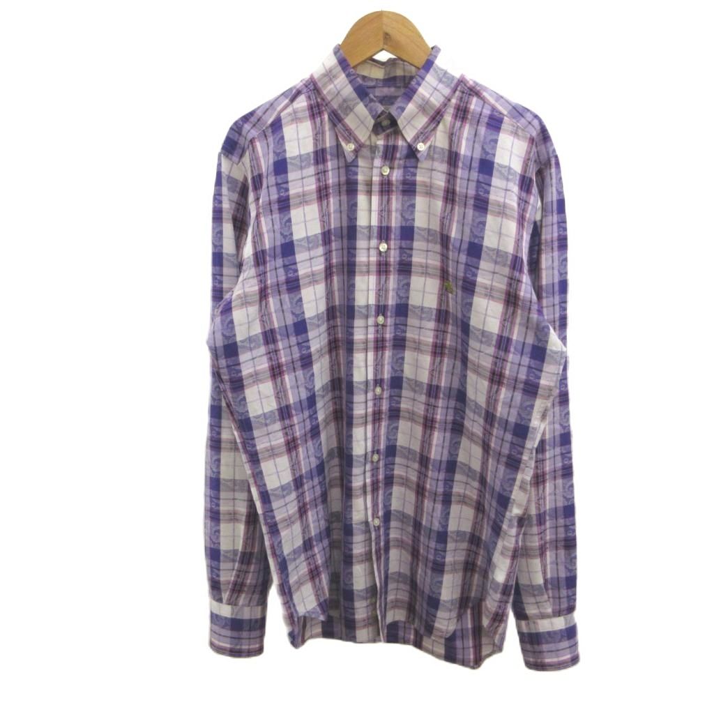 エトロ ETRO シャツ 39 紫 パープル 白 ホワイト チェック柄 ボタンダウン 長袖 /NP ■GY62