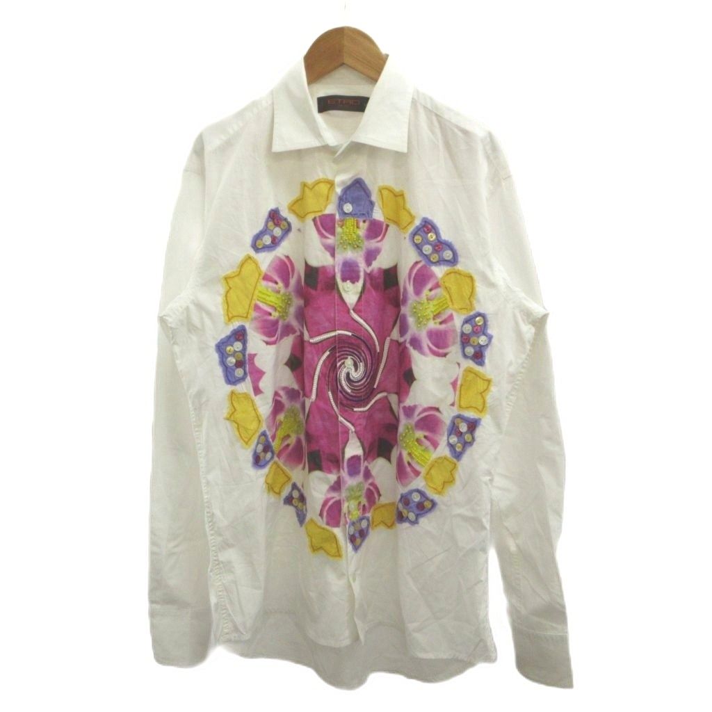 エトロ ETRO シャツ M 白 ホワイト 黄 イエロー 紫 パープル 花柄 長袖 /NP ■GY62