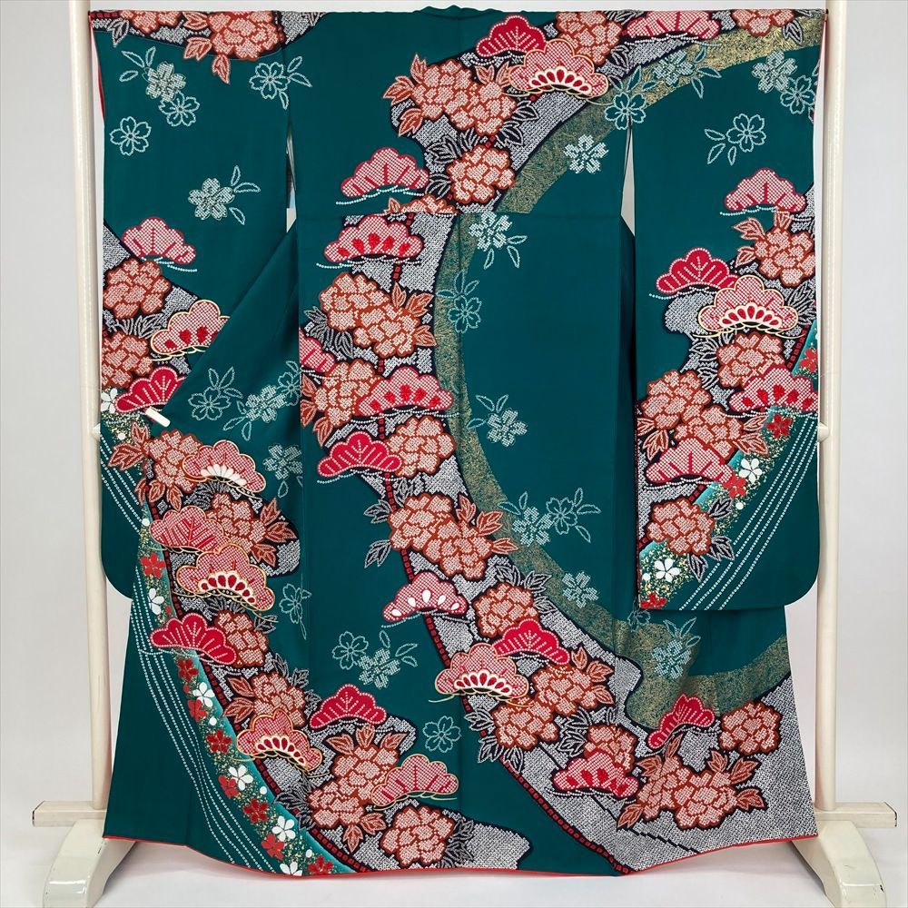 たんす屋 TANSU-YA 着物 リユース着物 振袖 深緑 フォーマル 鹿の子模様 松 金駒刺繍 桜 袷 絹 洗い済 【身丈】157.5cm【裄丈】67cm 7650004263180