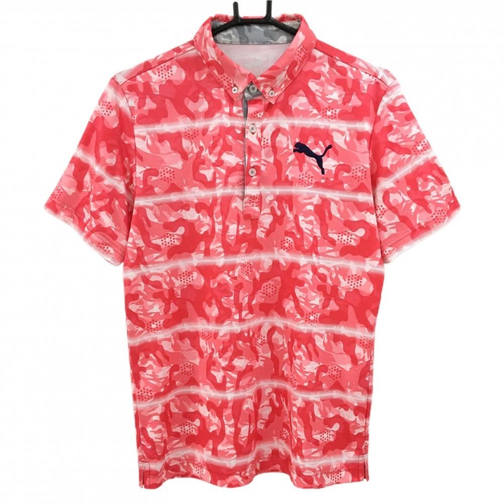 超美品】プーマ 半袖ポロシャツ レッドピンク系×白 総柄 ボタンダウン
