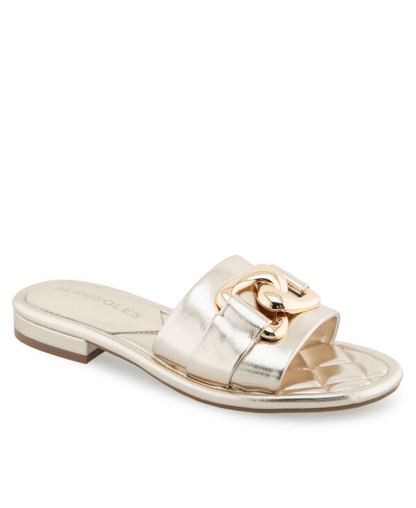 【送料無料】 エアロソールズ レディース サンダル シューズ Womens Big Charm Slide Open Toe Sandals Gold Metallic Faux Leather