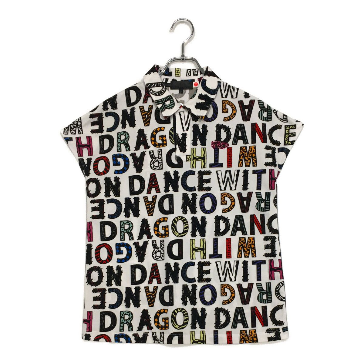 中古 レディース ダンスウィズドラゴン DANCE WITH DRAGON 半袖ポロシャツ 2(M) 白×マルチカラー フレンチスリーブ ロゴ総柄
