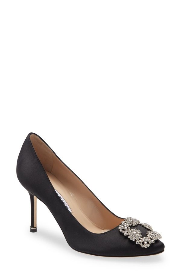 マノロ ブラニク レディース シューズ パンプス Manolo Blahnik Hangisi Crystal Buckle Pump Black Satin Clear Buckle ブラック