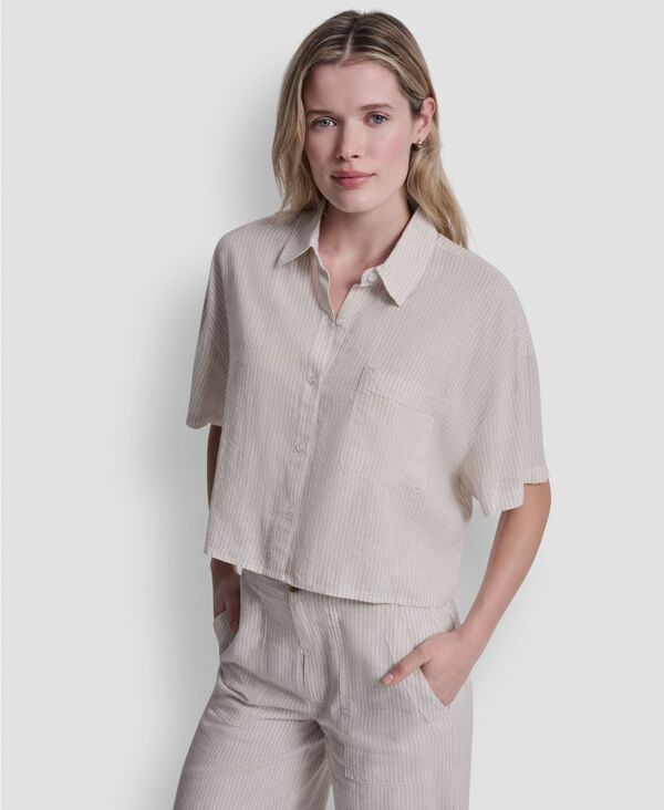 ダナキャランニューヨーク レディース トップス シャツ クロップド リネン DKNY Jeans Womens Oversized LinenBlend Cropped Short Sleeve Sh