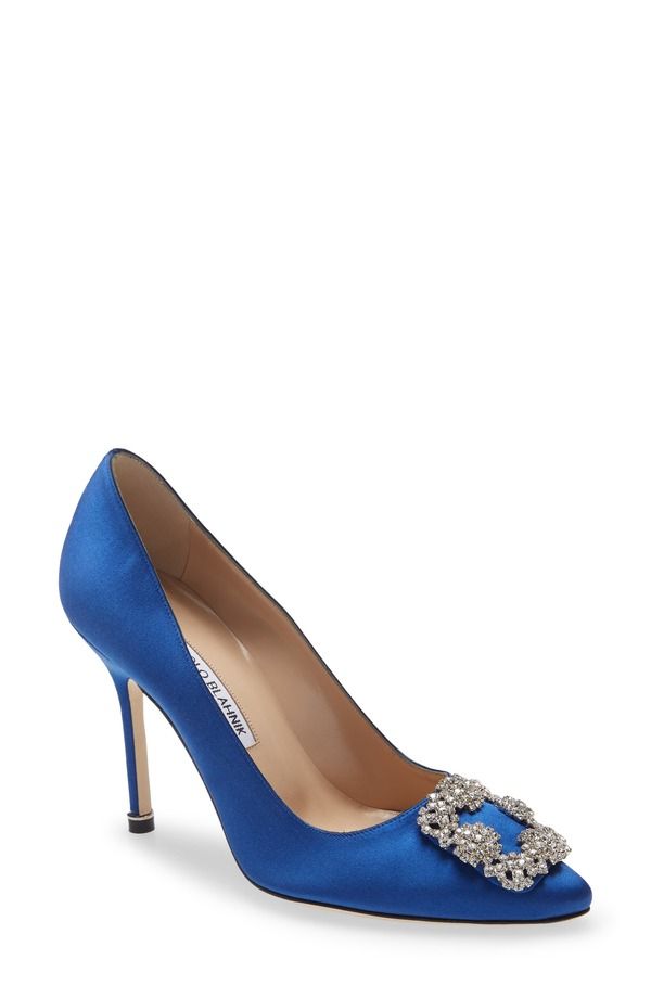 マノロ ブラニク レディース シューズ パンプス Manolo Blahnik Hangisi Crystal Buckle Pump Blue Satin Clear Buckle ブルー