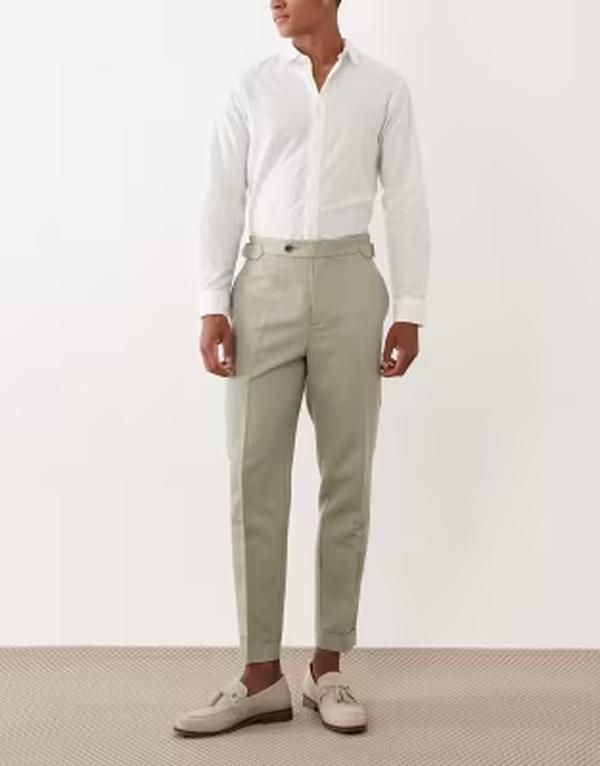 エイソス メンズ ボトムス カジュアルパンツ リネン ASOS DESIGN tailored linen rich tapered pants in sage green with side adj