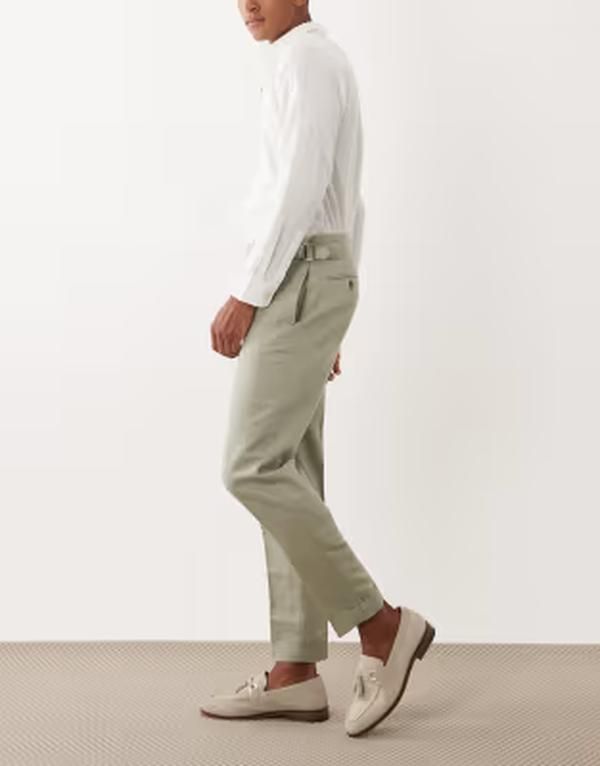 エイソス メンズ ボトムス カジュアルパンツ リネン ASOS DESIGN tailored linen rich tapered pants in sage green with side adj