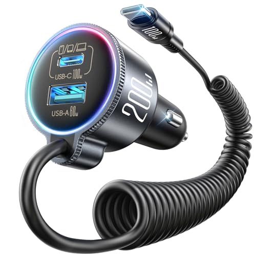 JOYROOM シガーソケット usb c【200W急速充電・伸縮コイルケーブル搭載】 3ポート USBカーチャージャー 車載充電器 1.5MタイプCコイルケーブル＆虹色LED付き 12V/24V車両対応 iPhone/iPad/MacBook/Androts