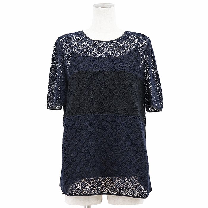 LOUIS VUITTON ルイ・ヴィトン Tシャツ サイズ 40 レディース LV ロゴ モノグラム レース ドッキング キャミソール ショートスリーブ 半袖 トップス ネイビー ブラック 黒 紺 イタリア製