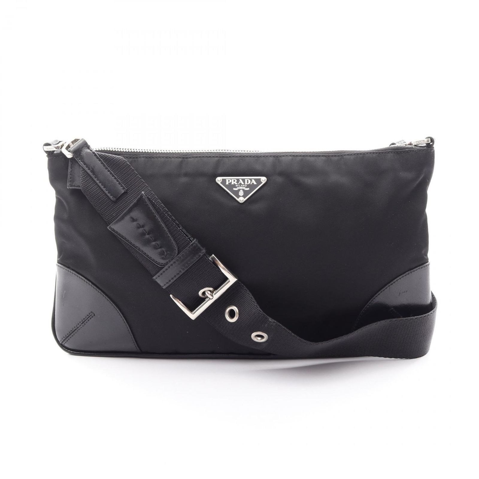 プラダ PRADA ショルダーバッグ トライアングルロゴ ブラック ナイロン レザー トライアングルロゴ ショルダー レディース Used B