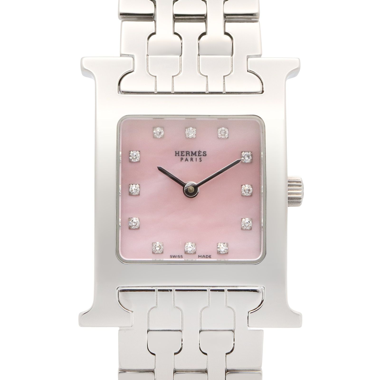 エルメス HERMES 腕時計 Hウォッチ HH1.210 ピンクシェル ステンレススチール ダイヤモンド Hウォッチ レディース Used A