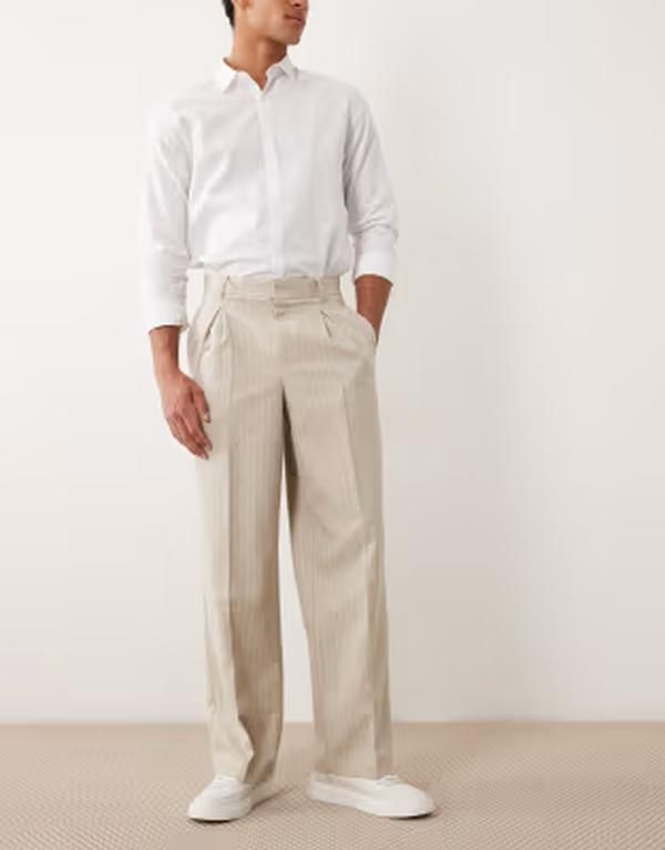エイソス メンズ ボトムス カジュアルパンツ ワイドレッグ プリーツ リネン ASOS DESIGN linen mix smart pleated wide leg pants in stone p