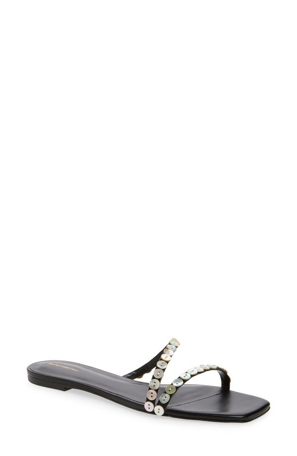 リフォーメーション レディース シューズ サンダル Reformation Shoshana Slide Sandal Black Leather Shell Buttons ブラック