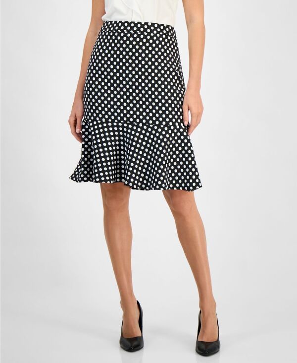 カスパール レディース ボトムスカート ドット柄 ドット プチ Kasper Womens Polka Dot Fla redHem Pencil Skirt Regular Petite Black