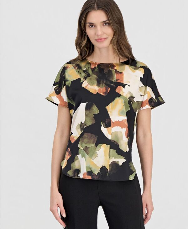 アンクライン レディース トップス シャツ プリント 半袖 Anne Klein Womens Printed BoatNeck ShortSleeve Top Bay Leaf Multi マルチカ